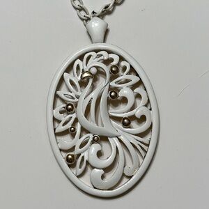 Monet Vintage Bird Pendant Necklace Brushed White Enamel Chain Signed 80s